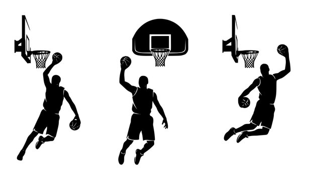 Basketball player slam dunk silhouettes vector set with multiple dunking angles sports action illustration