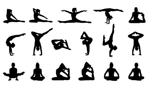 Gymnasts performing splits handstand and yoga poses silhouette vector set flexibility fitness illustration