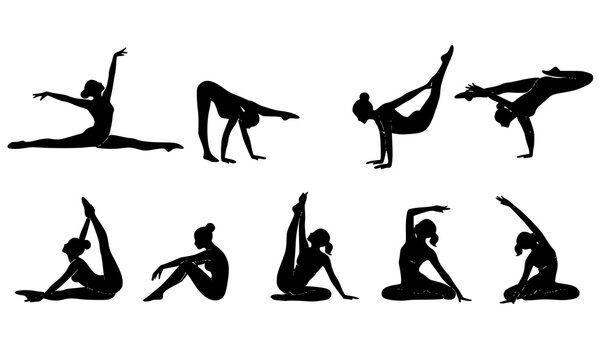 Gymnastics and yoga flexibility poses silhouette vector flow illustration splits handstand and stretching