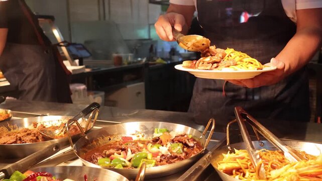 Server scoops hot beef and noodles from buffet serving trays for customers.