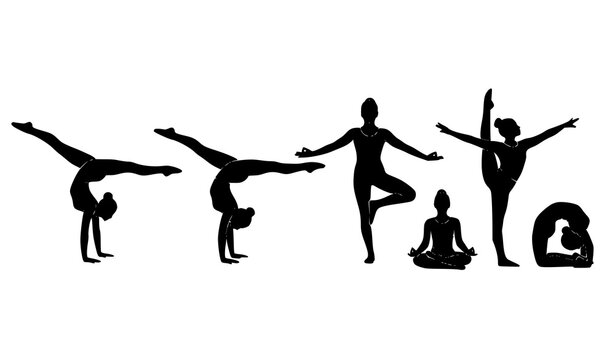 Gymnastics silhouette vector set with splits handstand and yoga poses fitness flexibility illustration collection