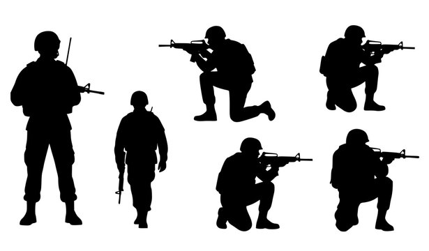 Soldier silhouettes with rifles military tactical pose vector set army combat stance illustration collection
