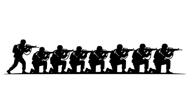 Military soldier silhouettes vector formation with rifles tactical army unit poses action illustration set
