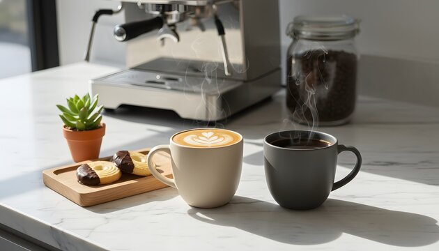 Steaming latte and black coffee mugs on a marble counter in a modern office pantry for a coffee break concept, featuring an espresso machine and cookies in a bright setting
