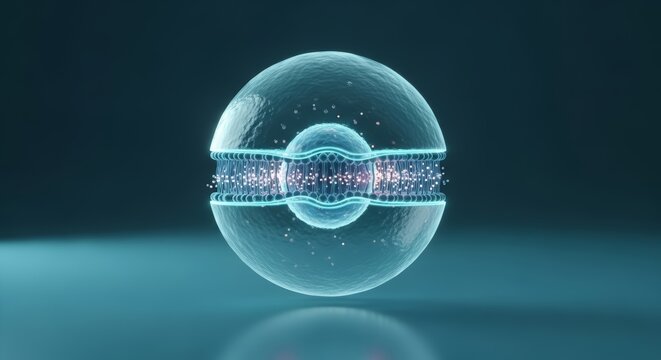 Cell membrane 3D sphere render, lipid bilayer permeability visualization, selective transport disruption concept, cytology micro leakage study, cellular homeostasis model, biomedical membrane analysis