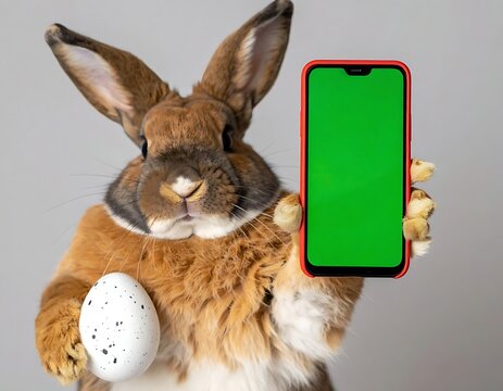 A rabbit holding a green-screen phone and an egg