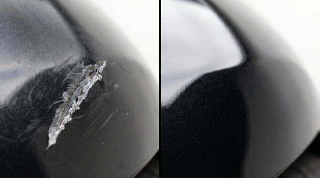 Damaged black car paint before and after professional repair