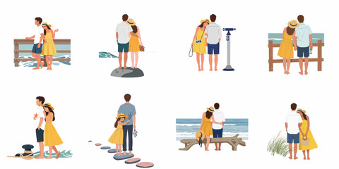 Fototapeta premium Collection of Romantic Summer Couple Illustrations at the Beach and Seashore in Flat Style