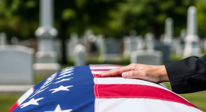Mourner hand on coffin symbolizing military remembrance honor