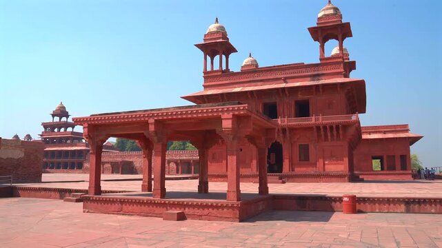 A wide static shot capturing the majestic red sandstone architecture of the Diwan-i-Khas and surrounding royal pavilions in the historic city of Fatehpur Sikri.