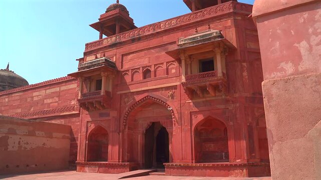 A static shot of a monumental red sandstone gateway in Fatehpur Sikri, featuring traditional Mughal architectural elements like arched entrances and ornate jharokha balconies.