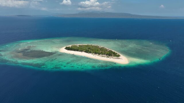 Aerial Orbit Pulau Tabuhan Banyuwangi Indonesia, Tropical Island in Bali Strait with White Sand Beach and Coral Reef