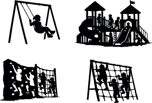 Vector silhouettes of children playing on playground equipment on transparent background