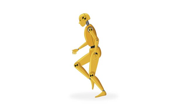 Yellow crash test dummy running animation on white and green screen backgrounds.