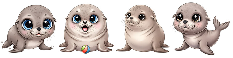Obraz premium Adorable cartoon seal pups in various playful poses isolated on transparent background