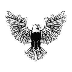 Patriotic eagle with wrench wings vector silhouette set bundle art. © IllustraCore