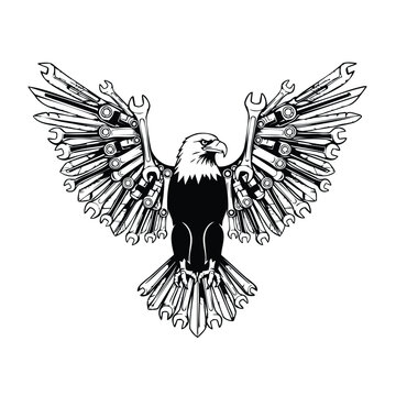 Patriotic eagle with wrench wings vector silhouette set bundle art.