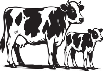 Fototapeta premium Black and white cow and calf illustration on transparent background