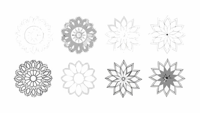 Eight floral designs with varying detail and shading levels