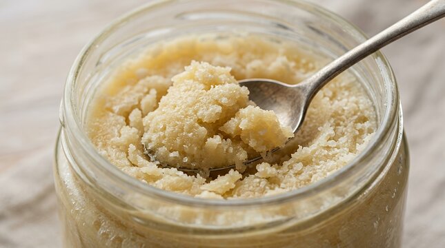 Brown sugar in glass jar with spoon, pantry staple baking ingredient