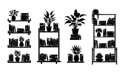 Bookshelf plants silhouette vector cozy interior books illustration set © MdShohagAhammad