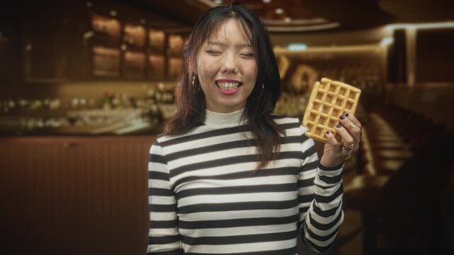 Woman in striped top holds a waffle in raised hand and smiles with teeth and closed eyes, hoop earrings visible in a warm cafe building; joy casual playful.