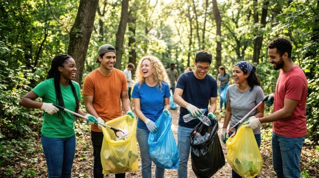 Diverse group of happy volunteers cleaning up a forest area together