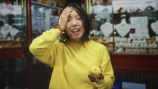 Woman holding a lemon and pressing her hand to forehead in a jewelry store building; playful curiosity.