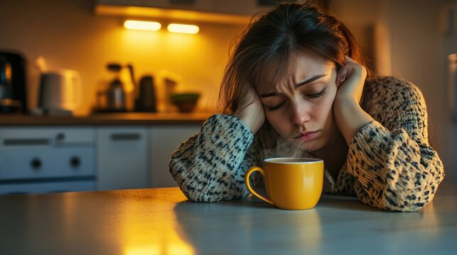 Sleepy woman sipping coffee in the kitchen, feeling tired due to insomnia or a restless night