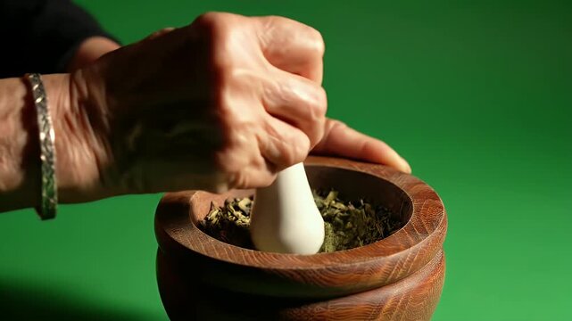 Close Up Of Hands Grinding Herbs In Wooden Mortar With Pestle On Green Screen Background