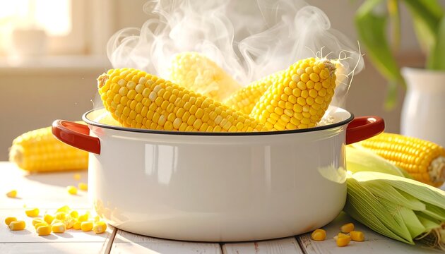 Steaming yellow corn on the cob simmers in a pot. Sunlight illuminates the scene with corn on a wooden table