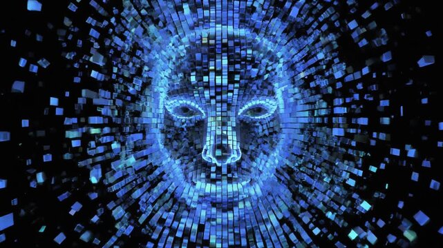 "Abstract human face composed of glowing blue squares, symbolizing artificial intelligence and digital identity visualization"