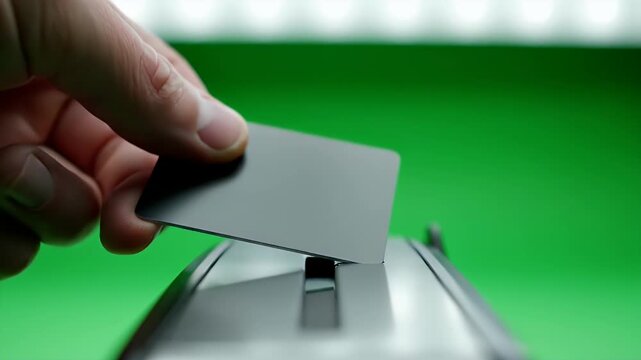 Close Up Of Hands Inserting Blank Metal Card Into Card Reader With Green Screen Background