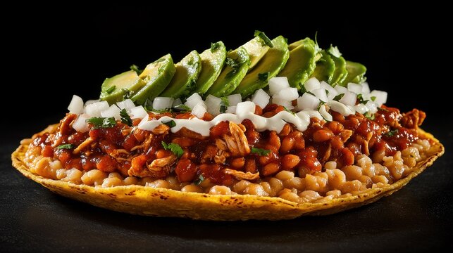 Premium chicken tinga tostada with avocado slices, white crema drizzle, diced onions and refried beans on crispy golden corn tortilla base