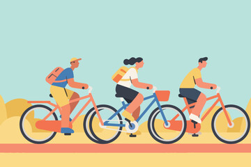 Fototapeta premium Cartoon cyclists with backpacks riding outdoors under sunny sky with stylized yellow hills.