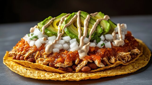 Gourmet chicken tinga tostada with crispy tortilla, refried beans, avocado slices and Mexican crema served at upscale restaurant