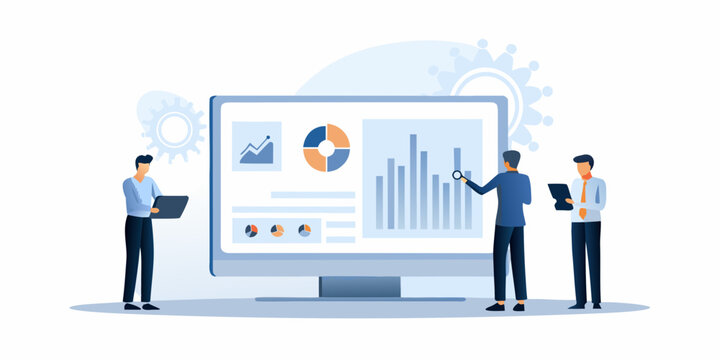 Business professionals analyzing data and charts on a large computer screen
