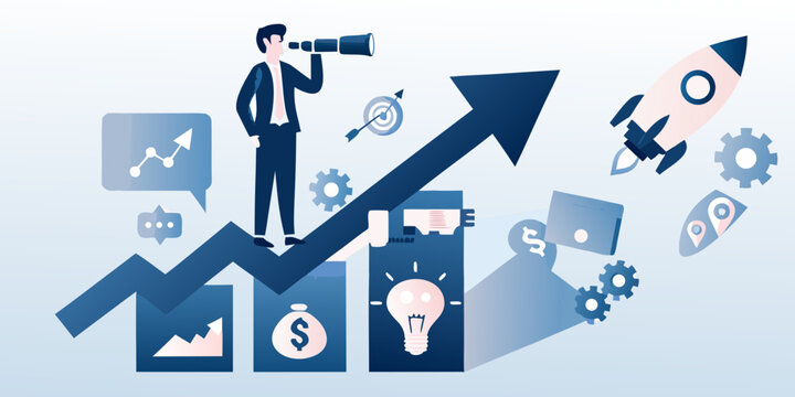 A businessman uses a telescope to view a rocket launching towards success