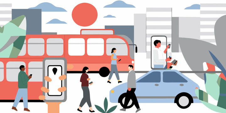 Modern city scene featuring a red bus and pedestrians using phones