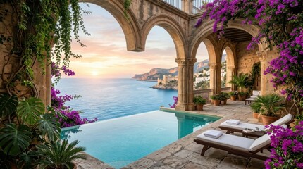 Obraz premium Beautiful coastal villa balcony with blue pool and sunset sea view