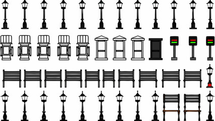 Obraz premium Collection of vector icons street lamps benches and city elements