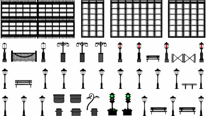 Obraz premium Collection of black and white city elements buildings lights and street furniture