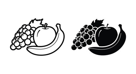 Fruit arrangement of grapes apples and bananas in black silhouette © Soleman