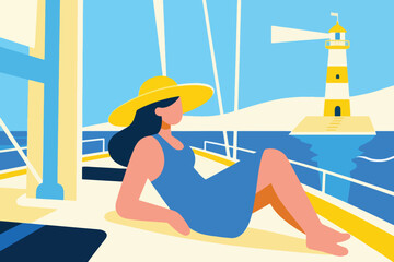 Obraz premium Cartoon person relaxing on sailboat deck with yellow sunhat, lighthouse on sandy island, blue sea.