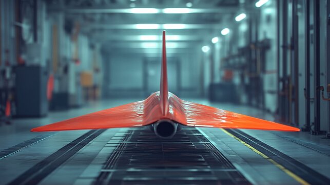 A sleek orange aircraft tail section is positioned on a testing track within a high-tech facility under bright industrial lighting with blurred background machinery and workers indicating an