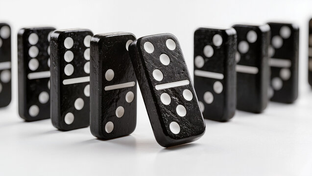 falling dominoes effect concept on white background, black domino tiles row with one toppling, chain reaction and cause and effect business metaphor