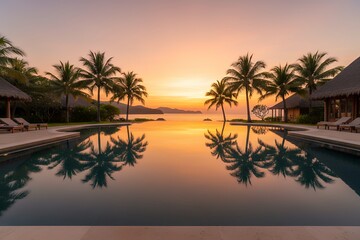 Obraz premium Sunset pool at tropical resort with palm trees and cabanas