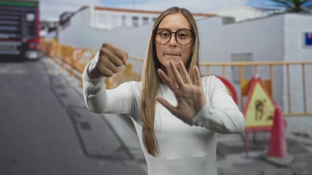 Woman wearing glasses extending fists and an open hand near construction barriers and cones on a city street; confidence.