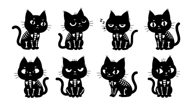Cat cartoon icon set with cute faces, sleepy and smiling expressions, whiskers and tiny claws for sticker and UI design