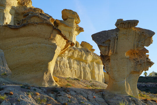 Yellowish sandy rock formations formed by erosion. natural monument known as Las Gredas de Bolnuevo, Mazarr&oacute;n, Murcia.